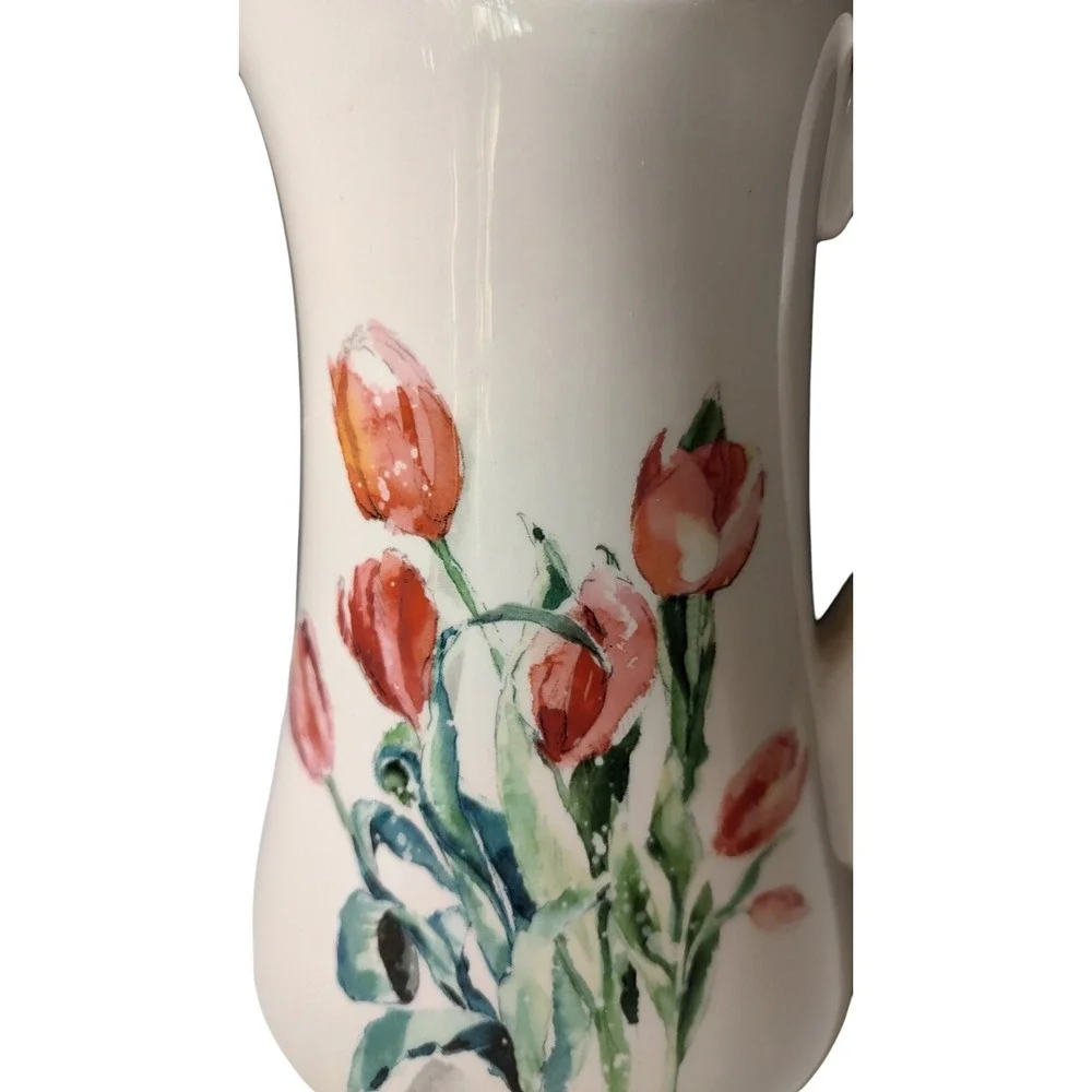 Pier 1 Imports Pitcher Retired Spring Floral Tulips Pink‎ Ironstone Water 9.5 in